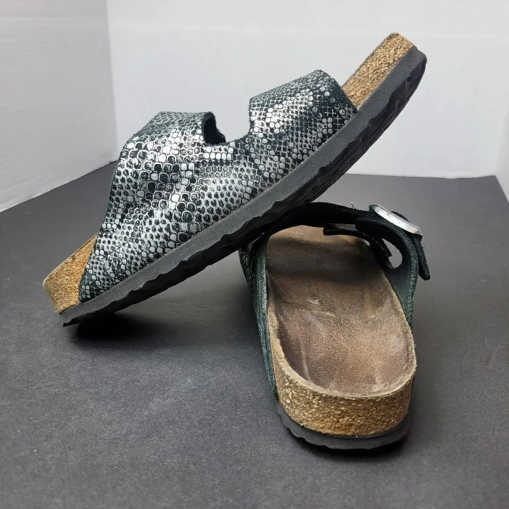 Birkenstocks Arizona Slide Double Strap Silver Snak Printed Sandals Size 6.5US